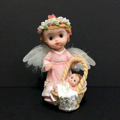 Honaye Cherub with Fibre Optic Wings Holding a Baby Figurine - Image 0