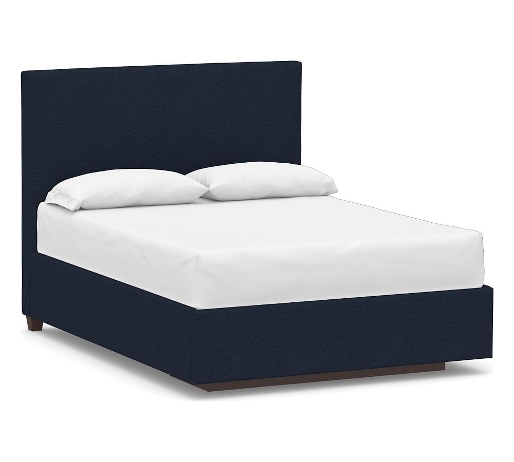 Raleigh Square Upholstered Footboard Storage Platform Bed & without Nailheads, California King, Tall Headboard 50.5"h, Performance Heathered Basketweave Navy - Image 0