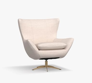 Wells Upholstered Tight Back Swivel Armchair with Brass Base, Polyester Wrapped Cushions, Performance Heathered Tweed Pebble - Image 2