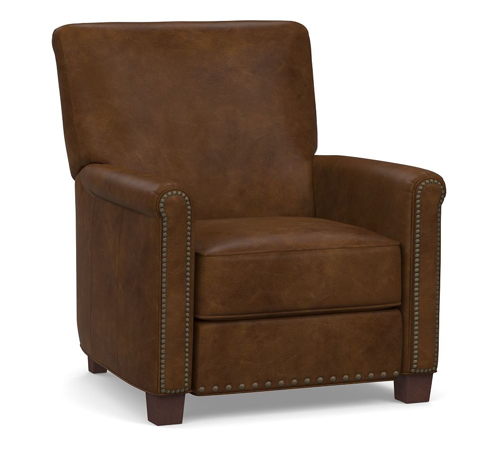 Irving Roll Arm Leather Power Recliner, Bronze Nailheads, Polyester Wrapped Cushions, Vegan Chestnut - Image 0