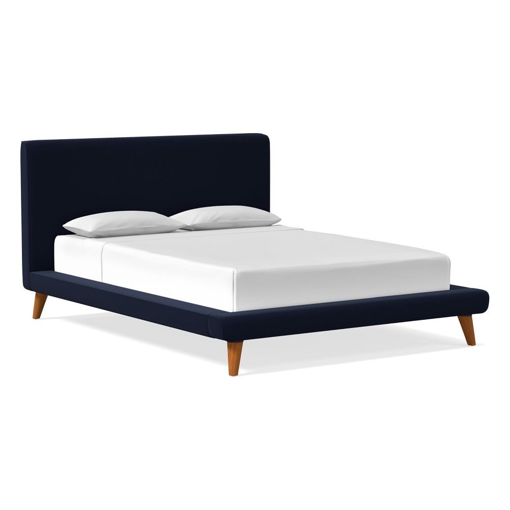 Mod Upholstered Bed, Queen, Distressed Velvet, Ink Blue, Pecan - Image 0