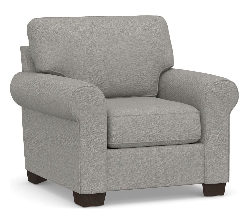 Buchanan Roll Arm Upholstered Armchair, Polyester Wrapped Cushions, Performance Heathered Basketweave Platinum - Image 0