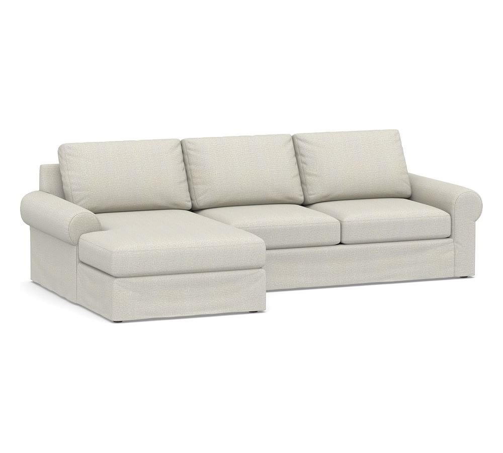 Big Sur Roll Arm Slipcovered Right Arm Loveseat with Chaise Sectional, Down Blend Wrapped Cushions, Performance Heathered Basketweave Dove - Image 0