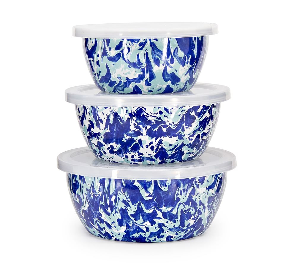 Golden Rabbit Enamel Lidded Nesting Bowls, Set of 3 - Blue/Seaglass Speckle - Image 0