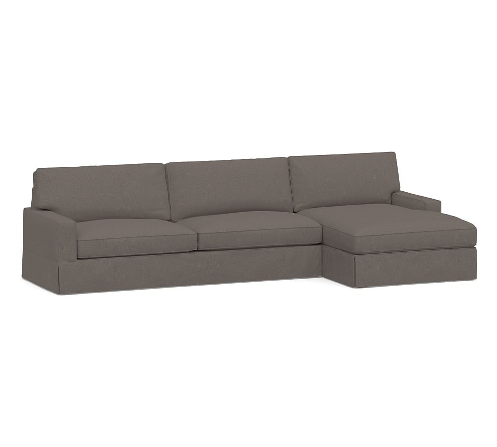 PB Comfort Square Arm Slipcovered Left Arm Sofa with Wide Chaise Sectional, Box Edge, Down Blend Wrapped Cushions, Performance Heathered Tweed Graphite - Image 0