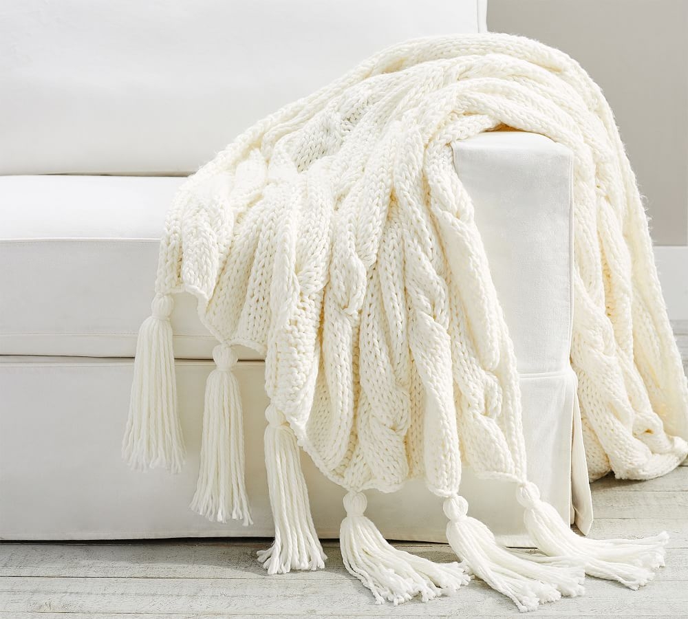 Bluma Chunky Knit Tassel Throw, Off White, 50" x 60" - Image 0