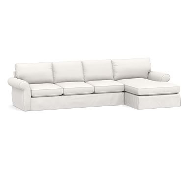 Pearce Roll Arm Slipcovered Left Arm Sofa with Double Wide Chaise Sectional, Down Blend Wrapped Cushions, Sunbrella(R) Performance Slub Tweed White - Image 0