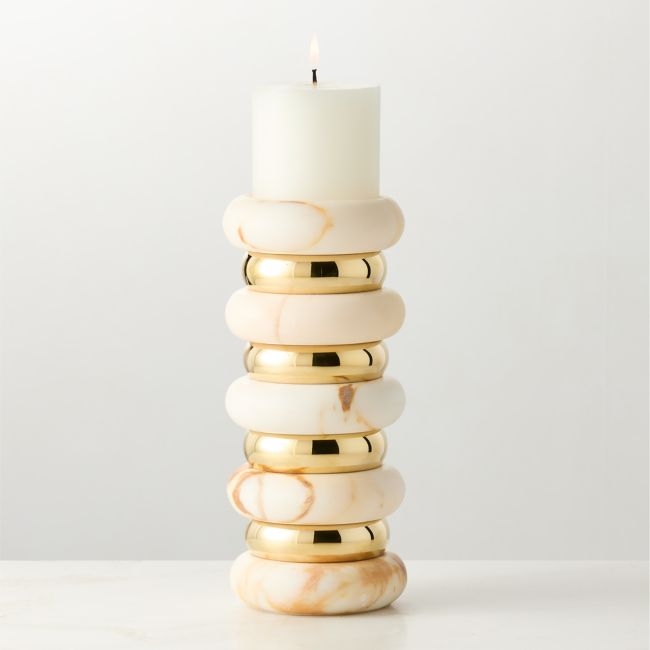 Band Golden Calacatta Marble And Unlacquered Brass Pillar Candle Holder Large - Image 0