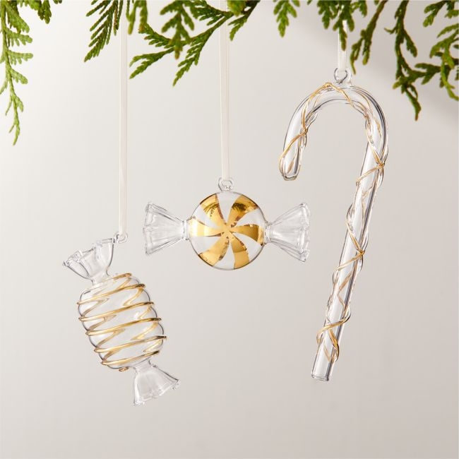 24K Gold and Clear Glass Candy Christmas Tree Ornaments Set of 3 - Image 0