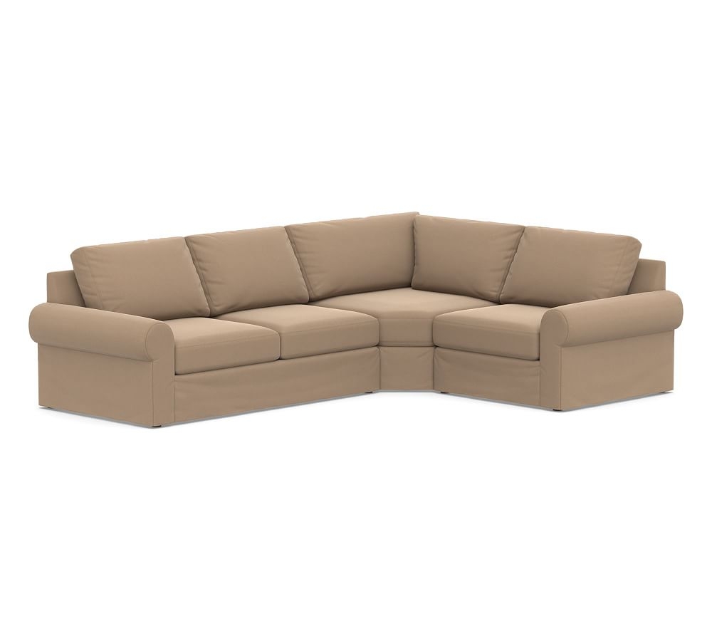 Big Sur Roll Arm Slipcovered Left Arm 3-Piece Wedge Sectional, Down Blend Wrapped Cushions, Performance Plush Velvet Camel - Image 0