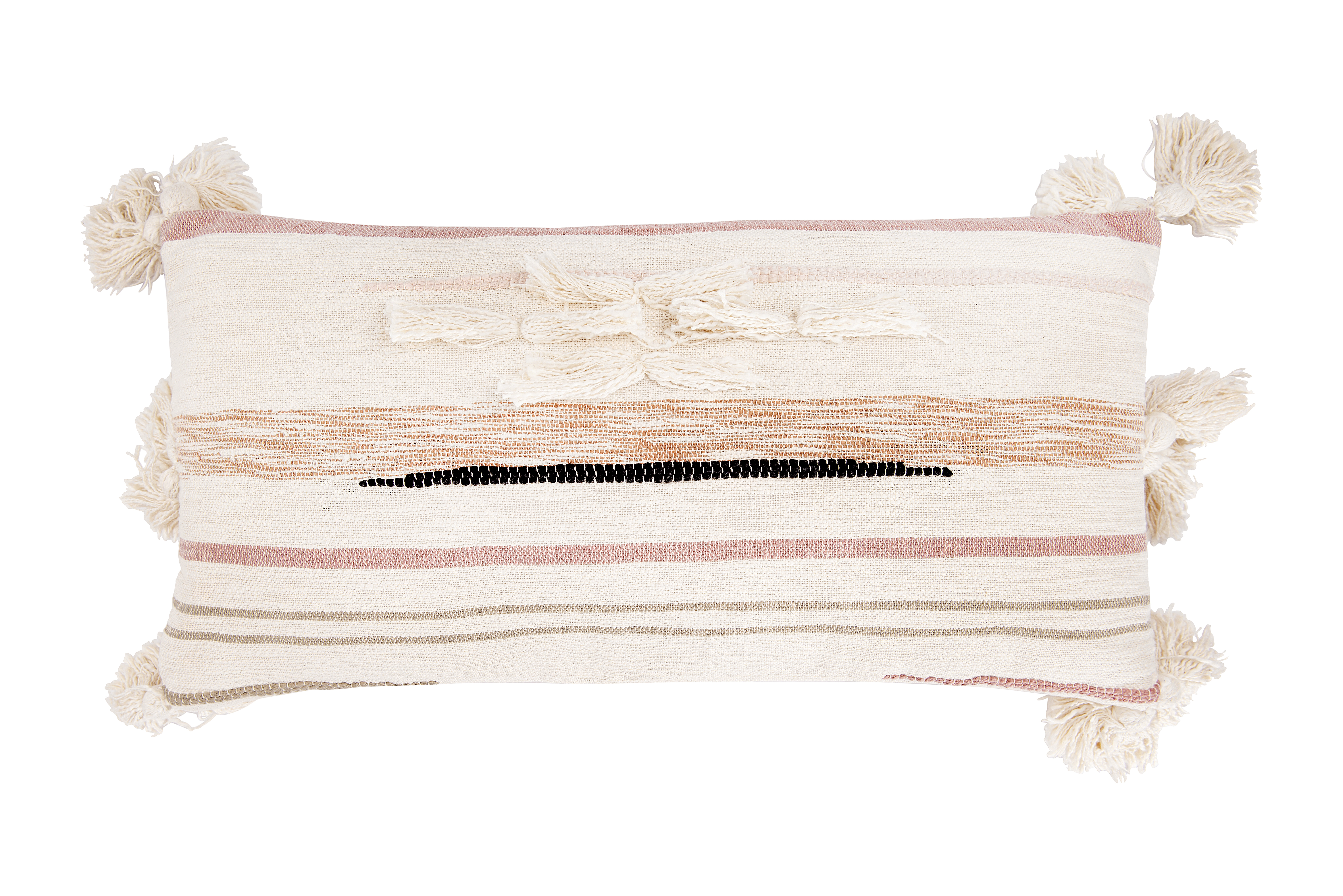 Cream Cotton Kilim Lumbar Pillow with Brown, Pink & Black Stripes & Tassels - Image 0