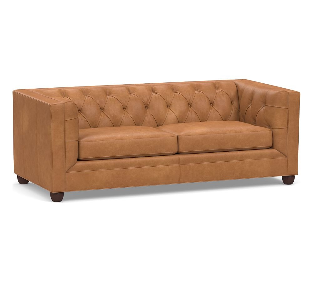 Chesterfield Square Arm Leather Sofa, Polyester Wrapped Cushions, Churchfield Camel - Image 0