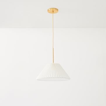 Sculptural Plug-In Pendant, Fabric Cone 18", White Pleated, Antique Brass - Image 1