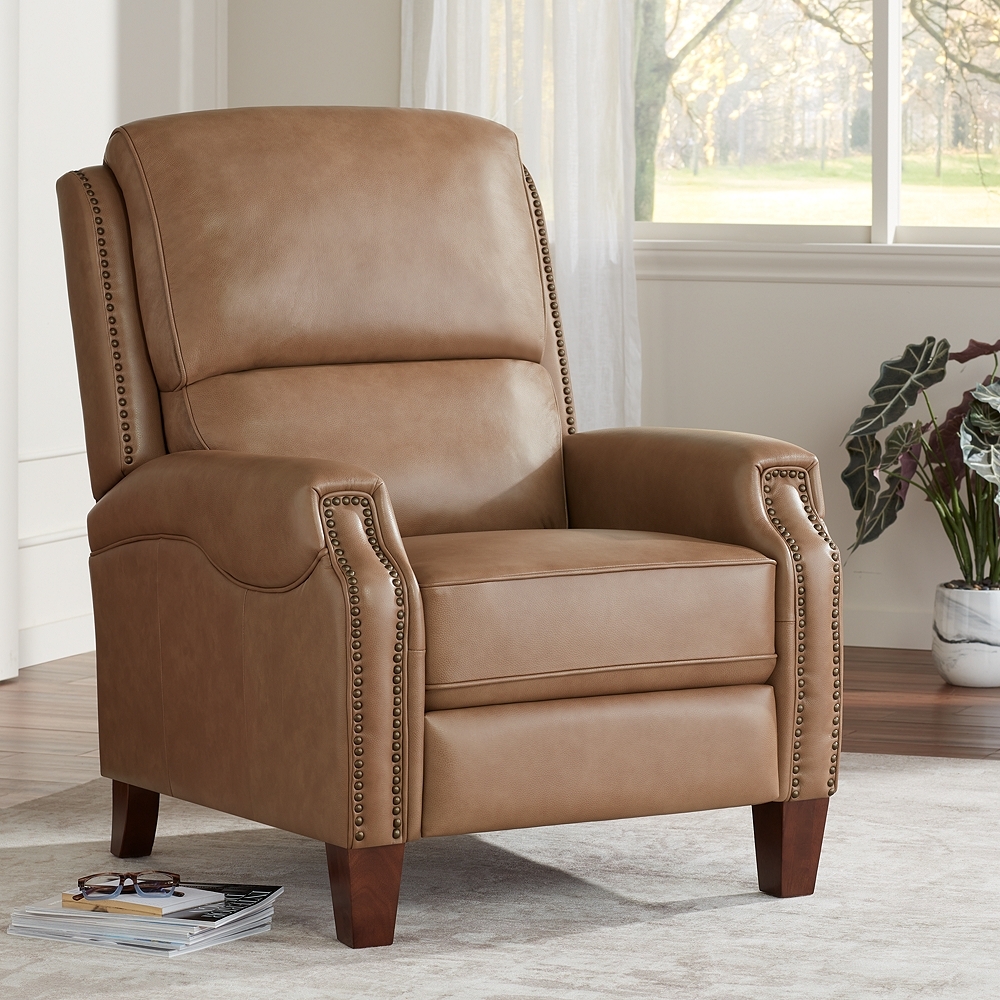55 Downing  Margaret 32" Wide Light Brown Leather Pushback Recliner - Image 0