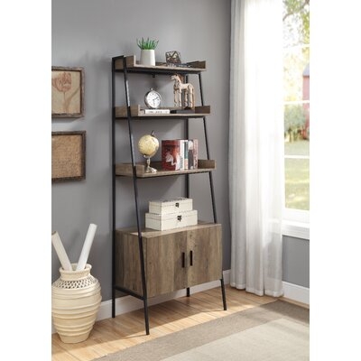 Rectangular Leaning-ladder Bookshelf With Metal Open Frame In Rustic Oak And Black Finish - Image 1