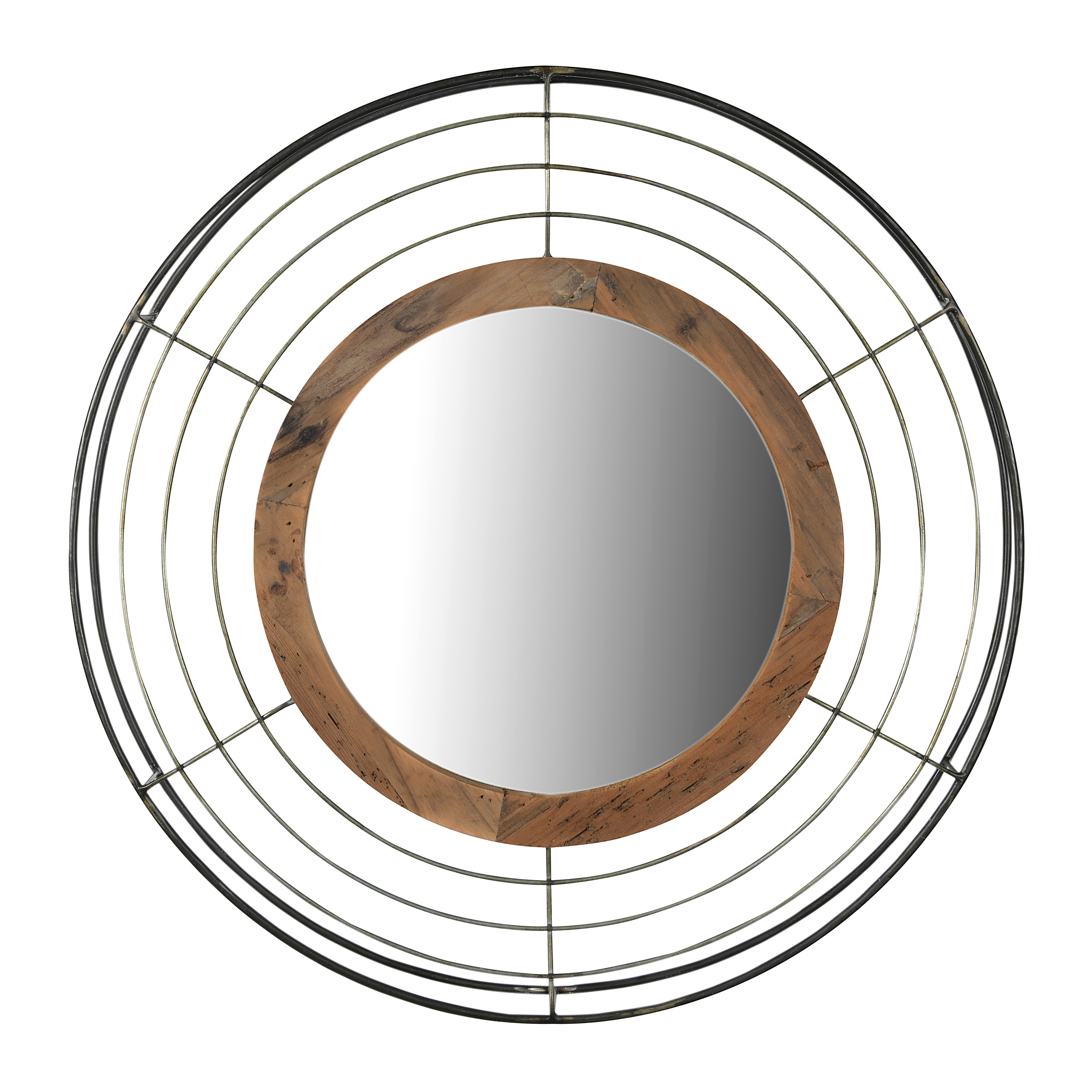 Round Wall Mirror with Wood Frame and Metal Wire Surround - Image 0