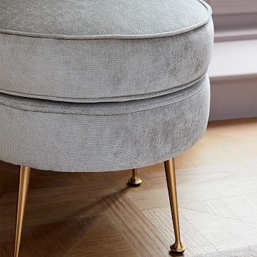 Pietro Midcentury Ottoman - Small Round, Poly, Yarn Dyed Linen Weave, Alabaster, Brass - Image 1