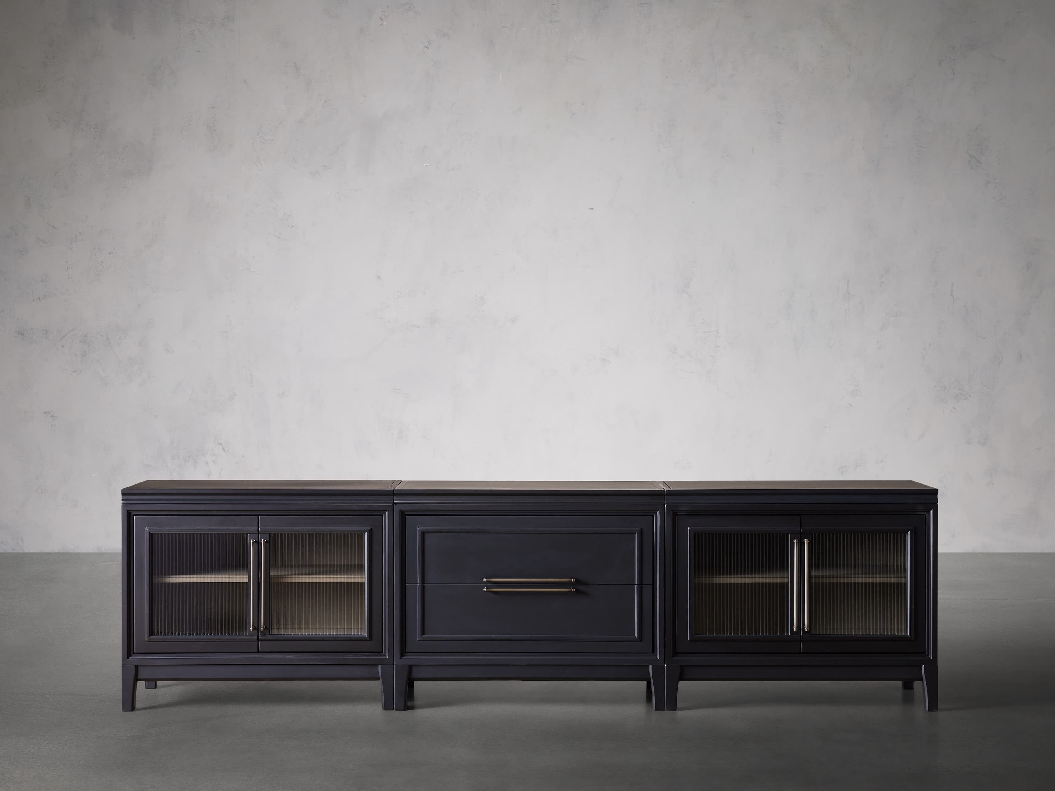 Rowan Modular Reeded Glass Media Console with Drawers in Wood Black  Scoria - Image 0