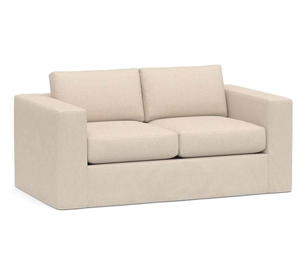 Carmel Square Arm Slipcovered Loveseat 74", Down Blend Wrapped Cushions, Performance Everydaylinen(TM) Oatmeal - Image 0