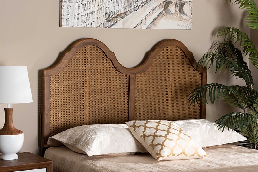 Hazel Vintage Classic and Traditional Ash Walnut Finished Wood and Synthetic Rattan King Size Arched Headboard - Image 0