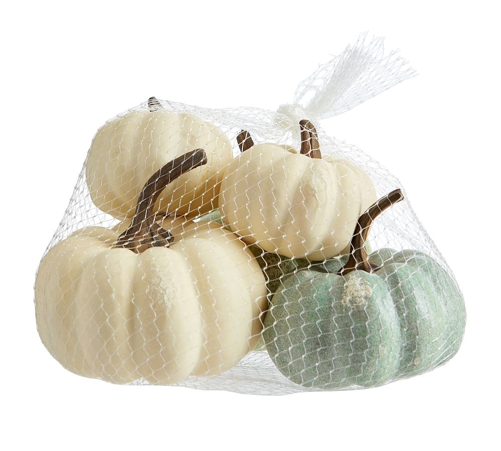 Handcrafted Faux Mini Pumpkins, Bag, Ivory/Sage - Image 0