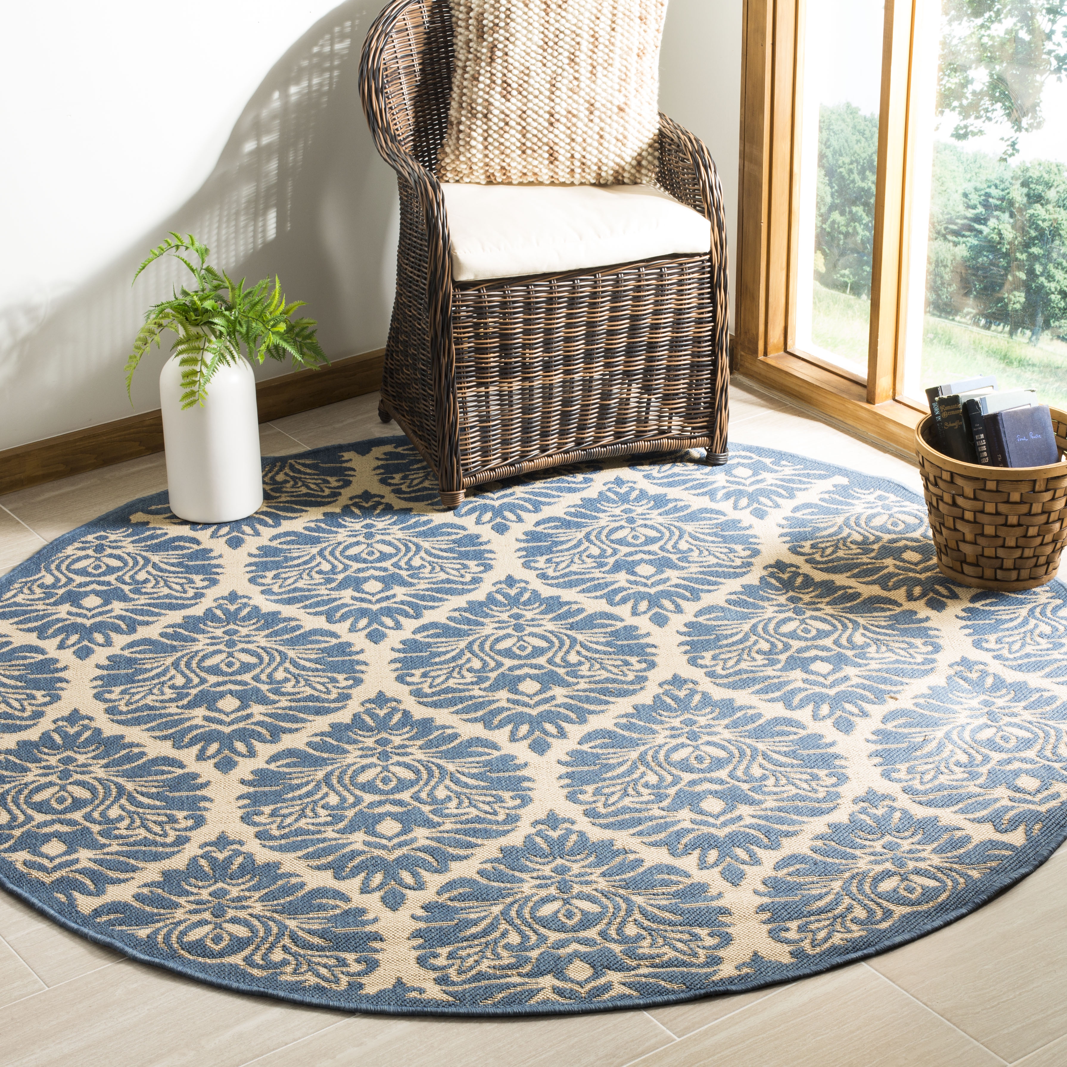 Arlo Home Indoor/Outdoor Woven Area Rug, LND135N, Cream/Blue,  6' 7" X 6' 7" Round - Image 1