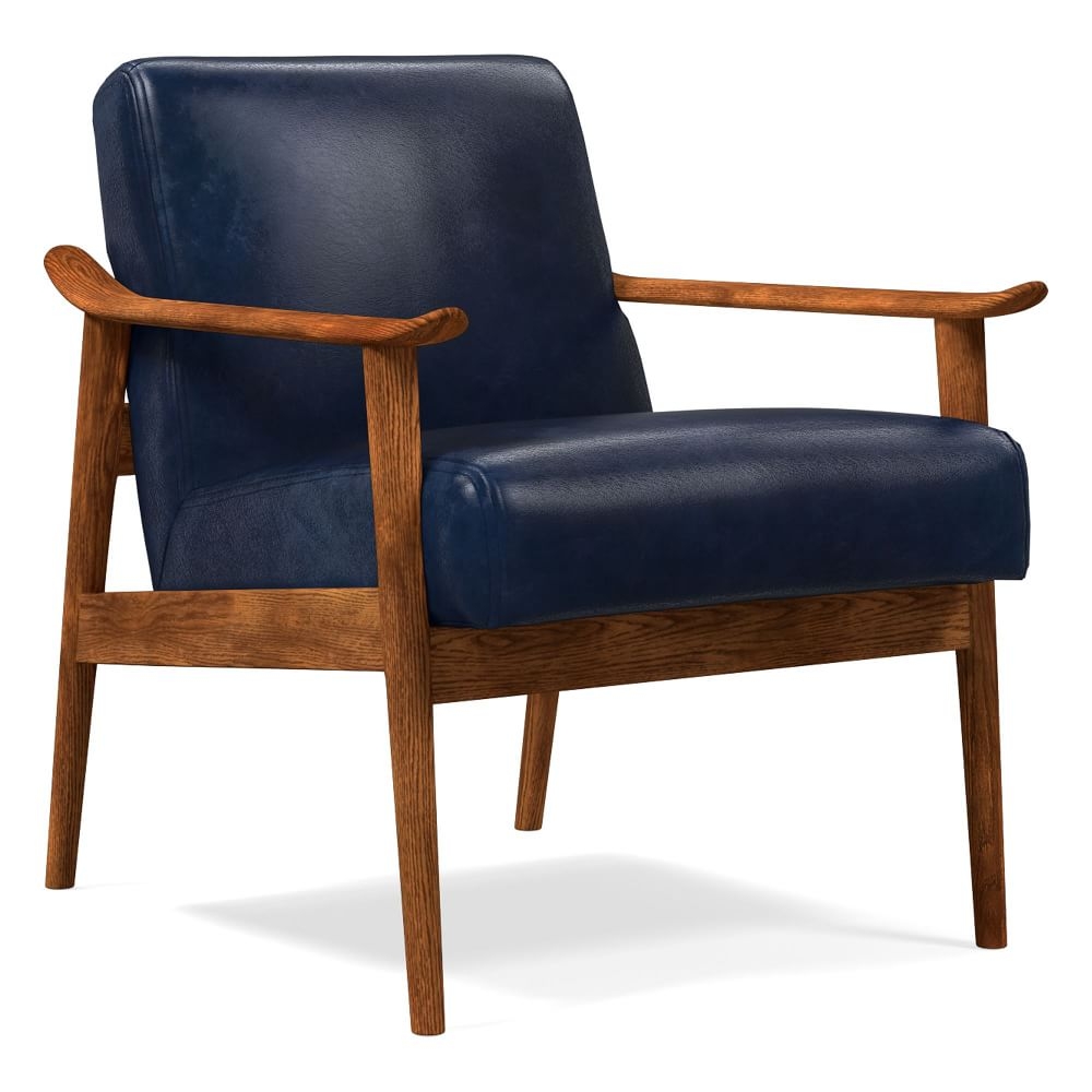 Midcentury Show Wood Chair, Poly, Sierra Leather, Navy, Pecan - Image 0