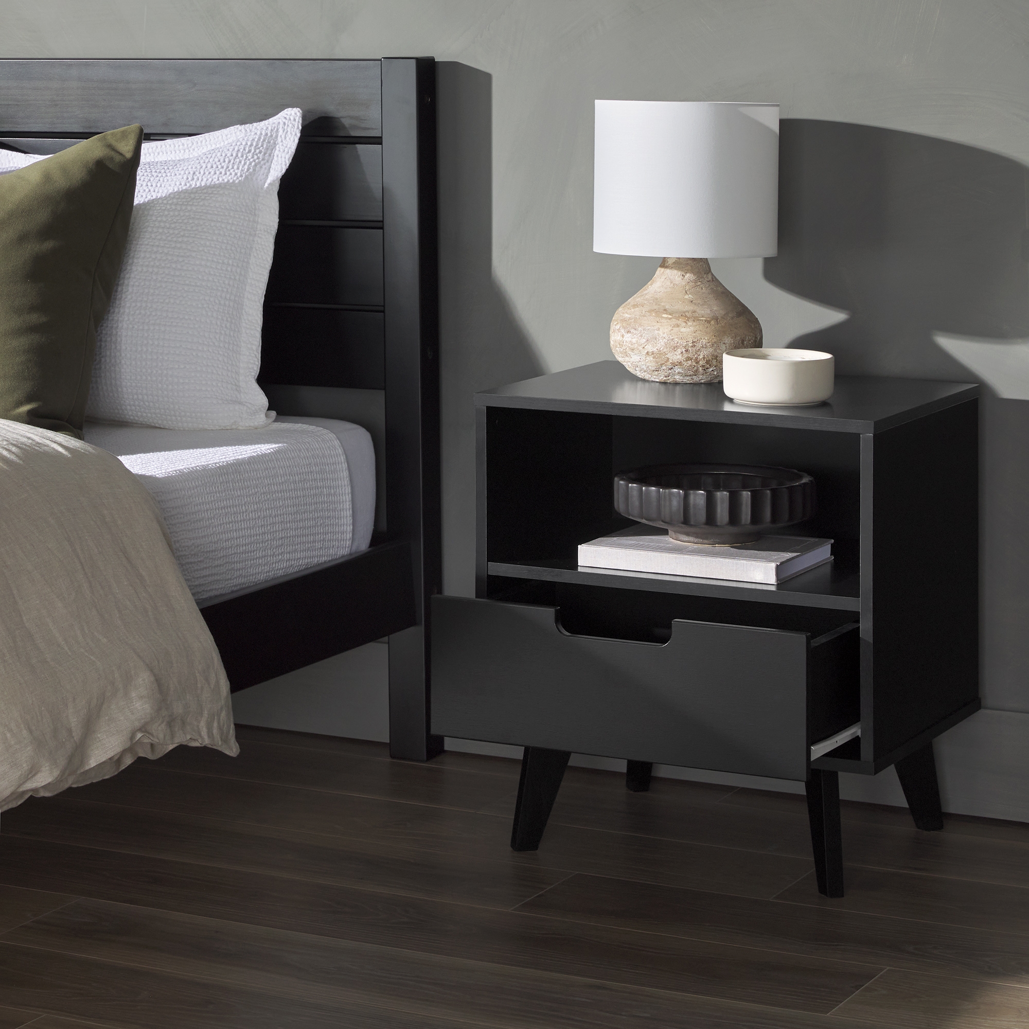 Modern 1-Drawer Nightstand with Open Cubby – Black - Image 7