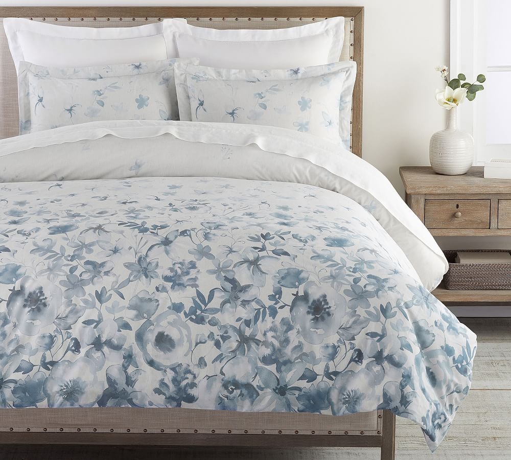Gray Florence Floral Organic Percale Duvet Cover, King/Cal. King - Image 0