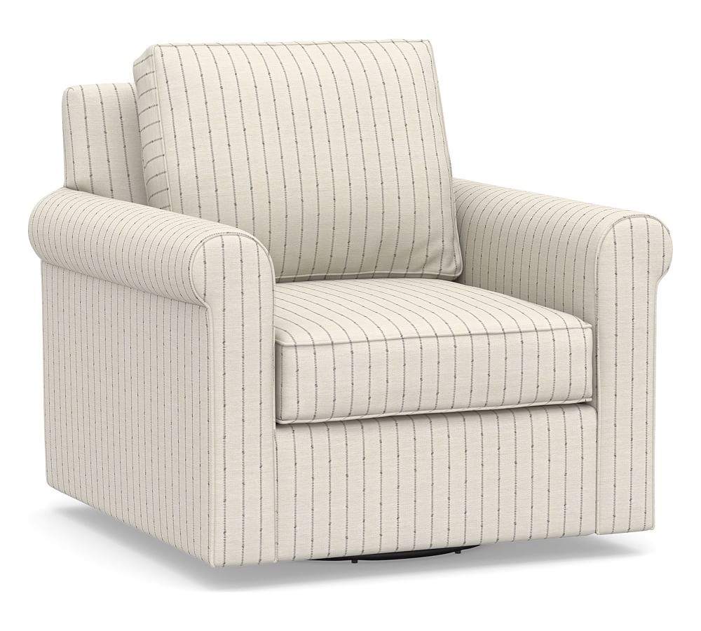 Cameron Roll Arm Upholstered Swivel Armchair, Polyester Wrapped Cushions, Slubby Pinstripe Oatmeal - Image 0