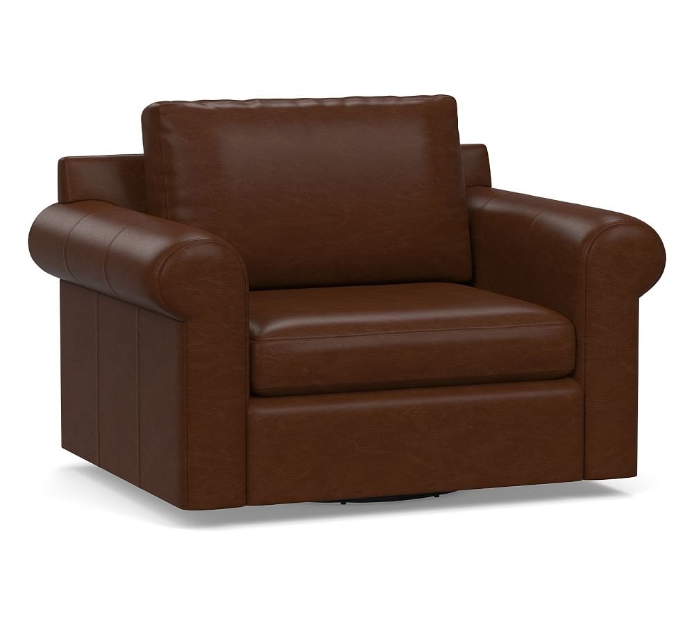 Shasta Roll Arm Leather Swivel Armchair, Polyester Wrapped Cushions, Legacy Chocolate - Image 0