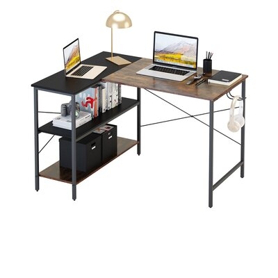 L-shaped Desk With 2 Shelves And 1 Hook, Black+rustic Brown - Image 0