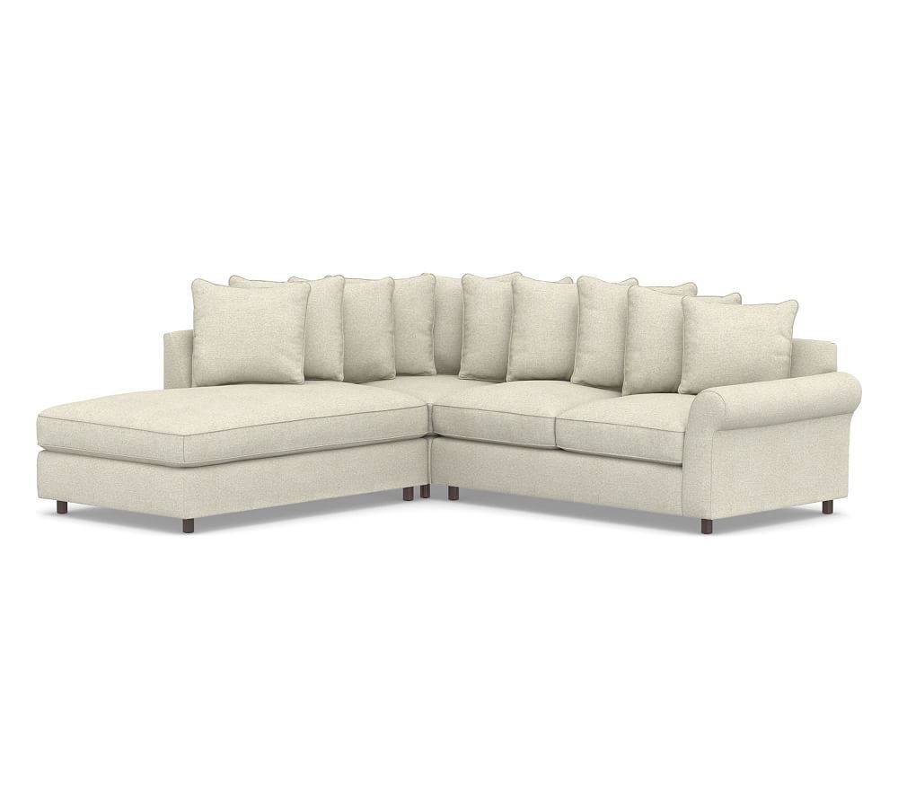 PB Comfort Roll Arm Upholstered Right 3-Piece Bumper Sectional, Box Edge Down Blend Wrapped Cushions, Performance Heathered Basketweave Alabaster White - Image 0