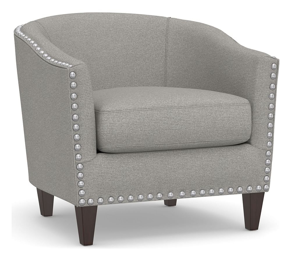 Harlow Upholstered Armchair with Polished Nickel Nailheads, Polyester Wrapped Cushions, Performance Heathered Basketweave Platinum - Image 0