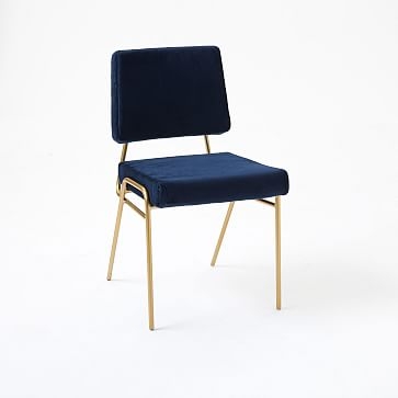 Wire Frame Upholstered Dining Chair, Distressed Velvet, Ink Blue, Antique Brass - Image 1