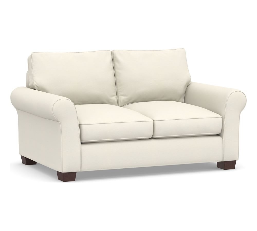 PB Comfort Roll Arm Upholstered Loveseat, Box Edge Down Blend Wrapped Cushions, Textured Twill Ivory - Image 0