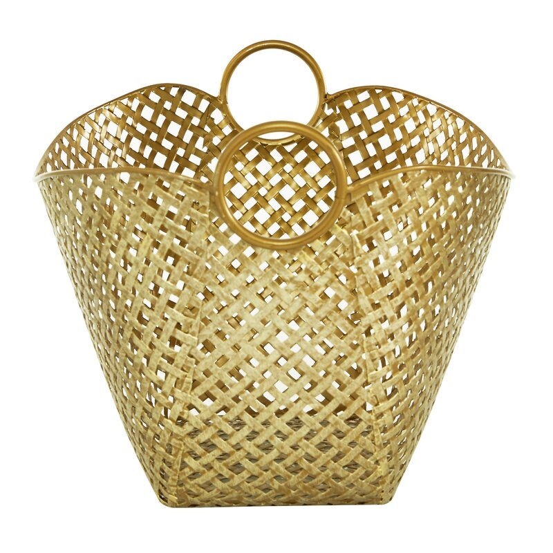 Gold Metal Woven Inspired Storage Basket with Handles 17" x 13" x 11" - Image 4
