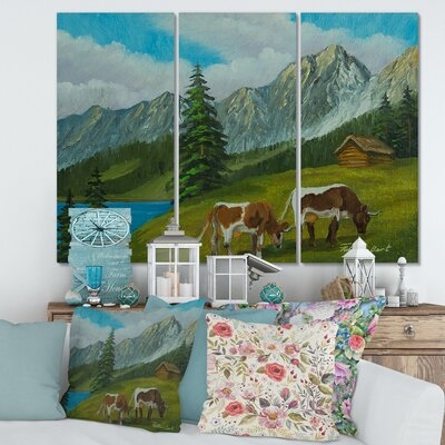 Mountain Landscape With Cows On A Green Meadow - 3 Piece Wrapped Canvas Painting - Image 0