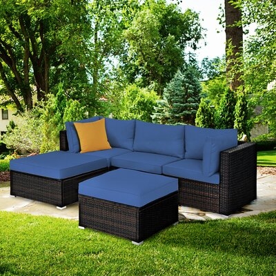 Latitude Run® 5pcs Rattan Patio Conversation Set Outdoor Furniture Set W/ Ottoman Cushion - Image 0