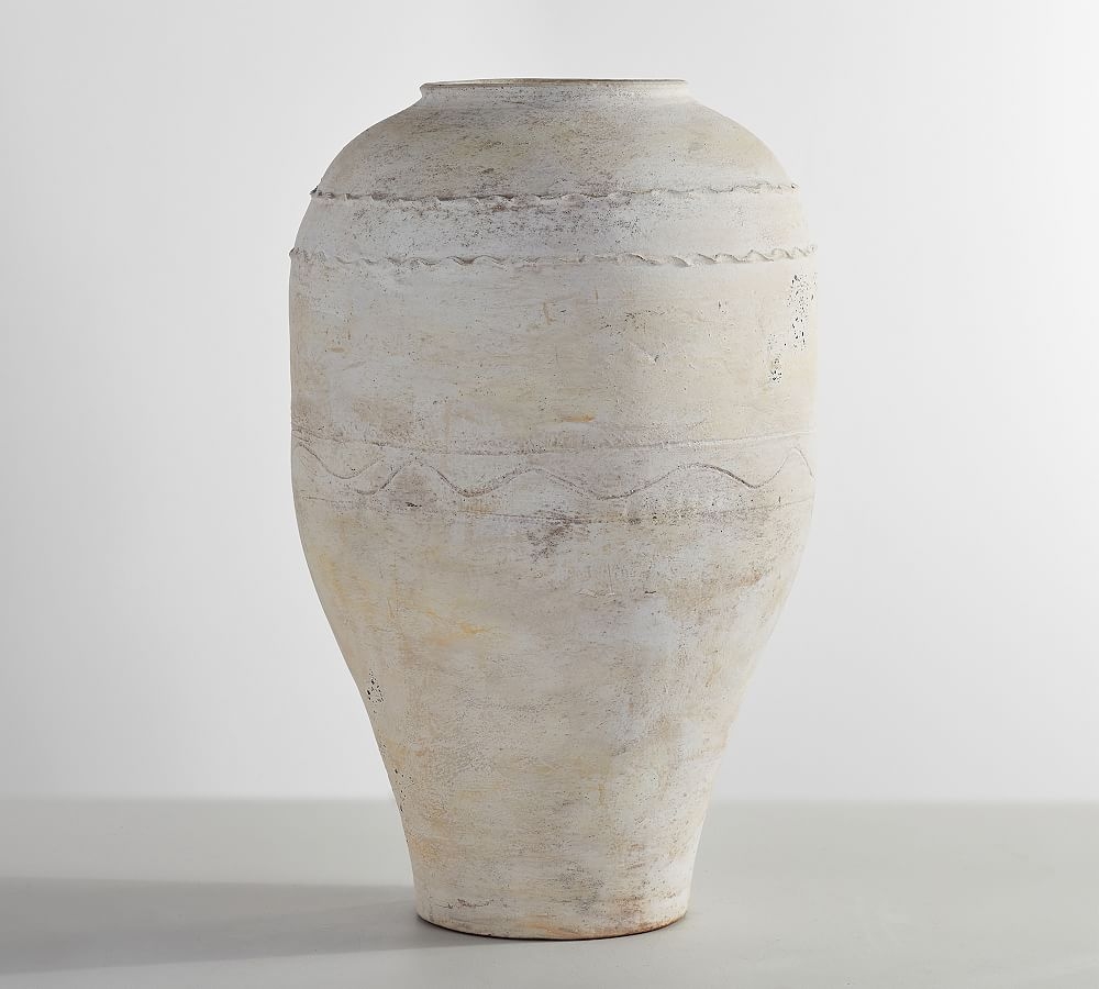 Artisan Handcrafted Terracotta Vase, Etched Urn, White - Image 0