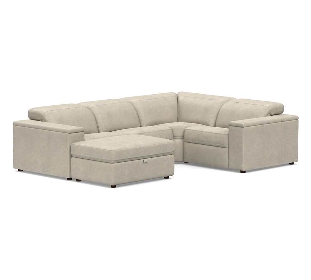Ultra Lounge Square Arm Leather 5-Piece Reclining Sectional, Down Blend Wrapped Cushions, Statesville Pebble - Image 0