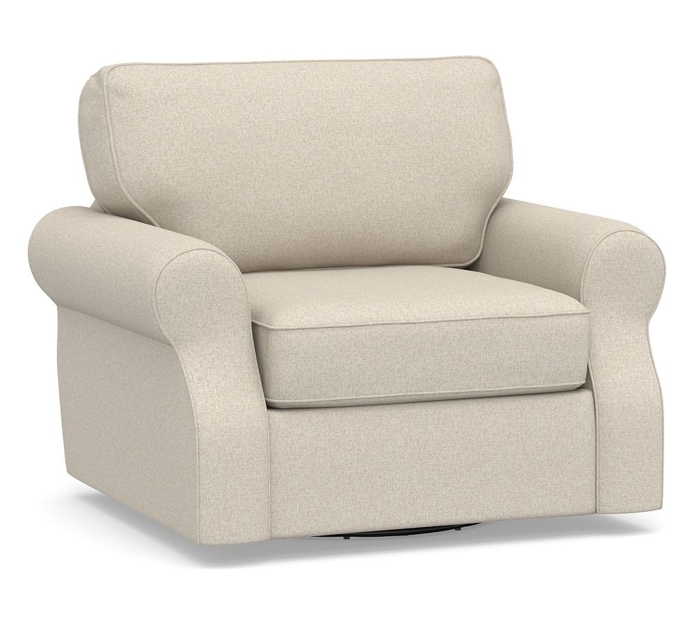 SoMa Fremont Roll Arm Upholstered Swivel Armchair, Polyester Wrapped Cushions, Textured Twill Khaki - Image 0