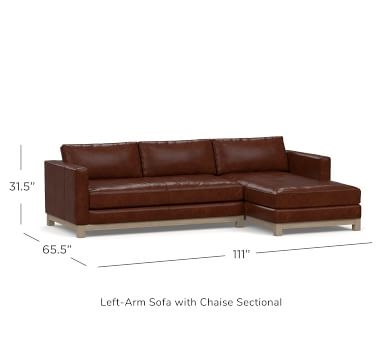 Jake Leather Left Arm Loveseat with Chaise Sectional, Bench Cushion and Wood Legs, Down Blend Wrapped Cushions Churchfield Chocolate - Image 1
