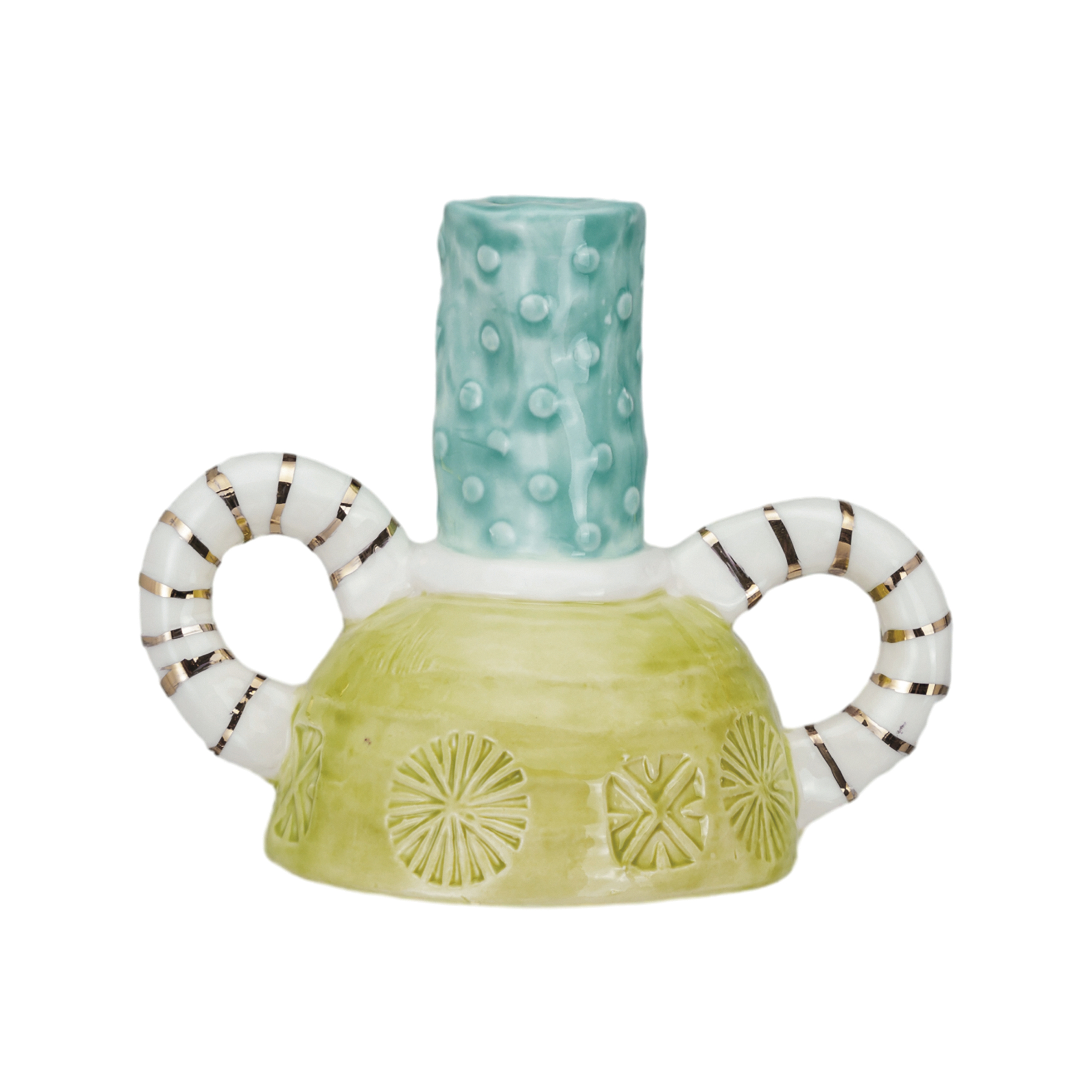 Artisanal Stoneware Taper Holder with Dual Handles, Multicolor - Image 0