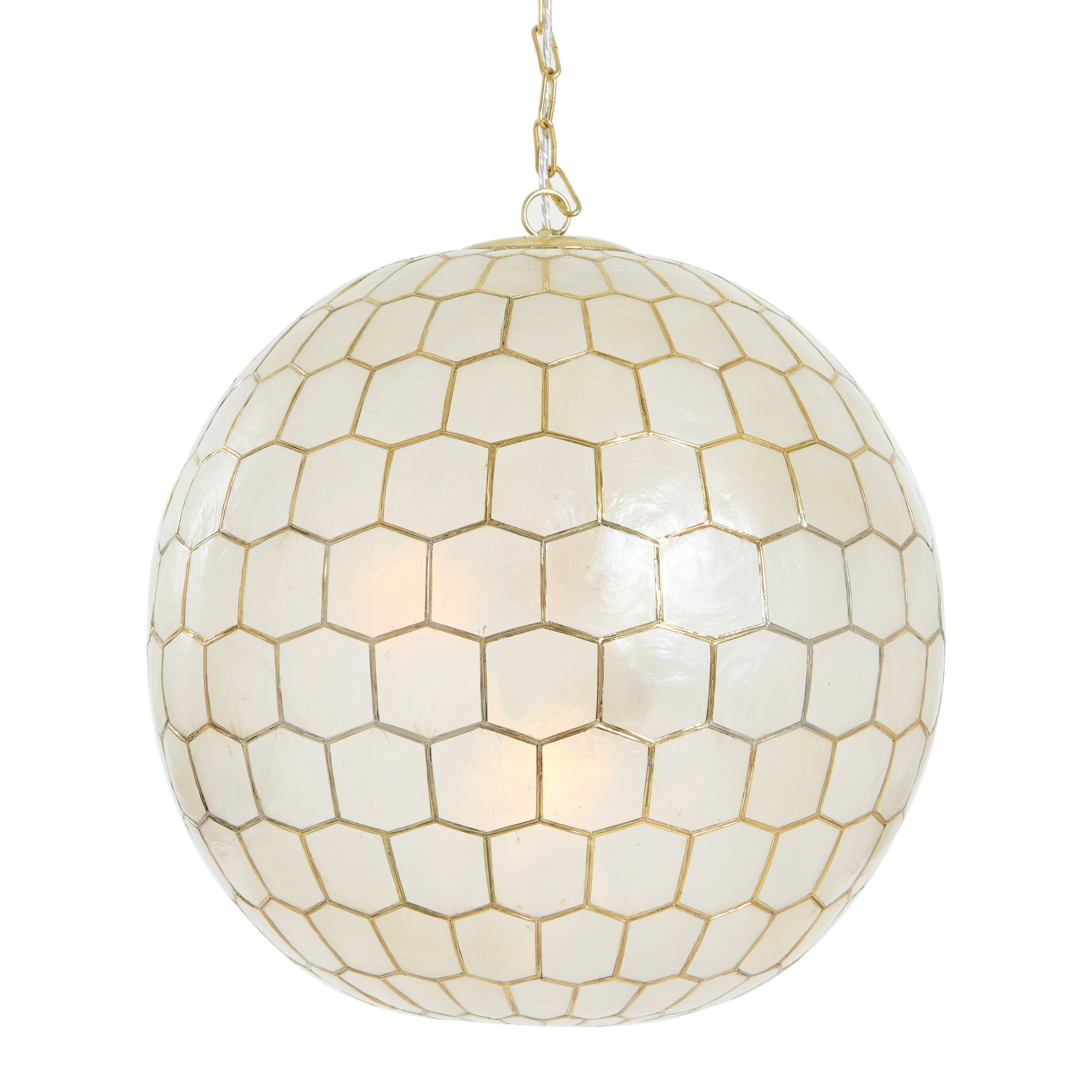 Capiz Honeycomb Globe Chandelier Pendant Light, Capiz White Seashells with Antique Gold - Image 0