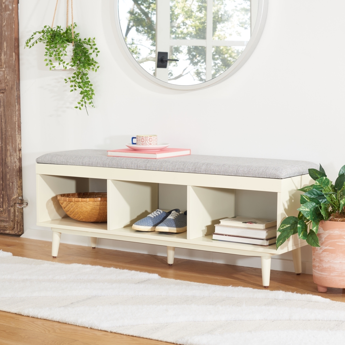 Cricket Open Shelf Bench With Cushion - Grey / Cream - Safavieh - Image 1