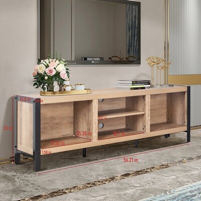 56 Inch Tv Stand Media Console Table With Storage Shelves, Mid-century Modern Entertainment Centre For Flat Screen Tv, Gaming Consoles In Living Room, Entertainment Room, Office, Oak Finish - Image 0