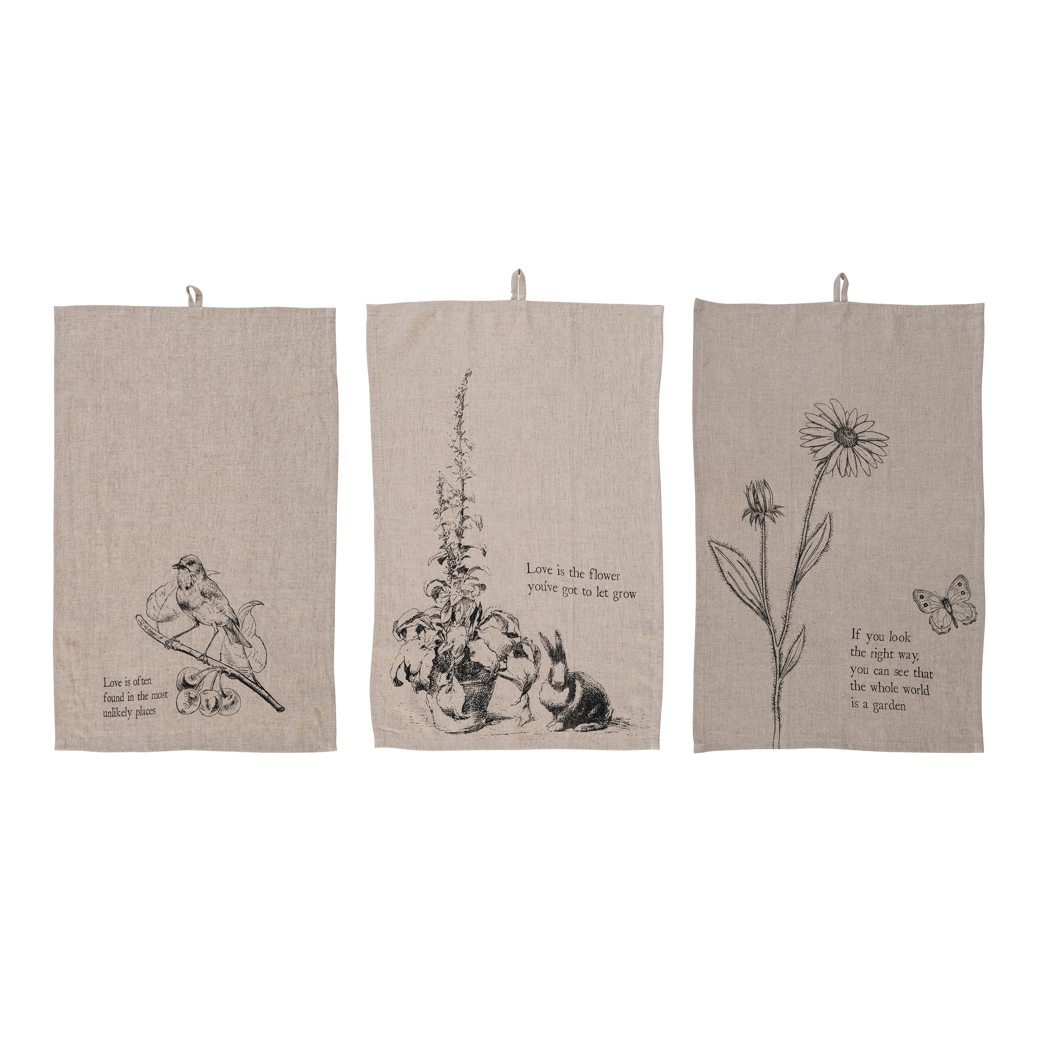 Large Linen Blend Decorative Tea Towel with Nature and Text Prints and Loops for Kitchen, Cream, Set of 3 - Image 0