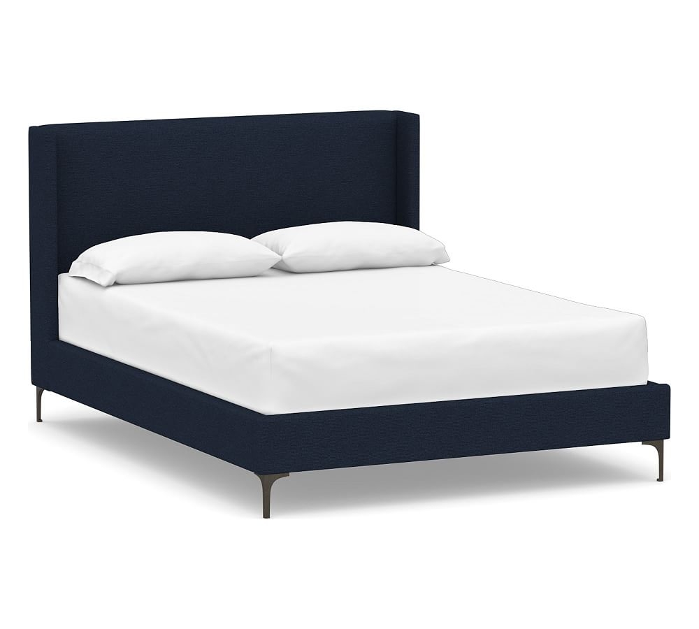Jake Upholstered Bed, Tall Headboard 47"h with Bronze Legs, Full, Performance Heathered Basketweave Navy - Image 0