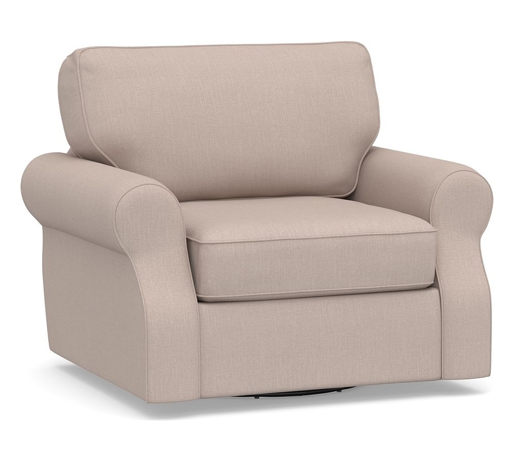 SoMa Fremont Roll Arm Upholstered Swivel Armchair, Polyester Wrapped Cushions, Performance Heathered Tweed Desert - Image 0
